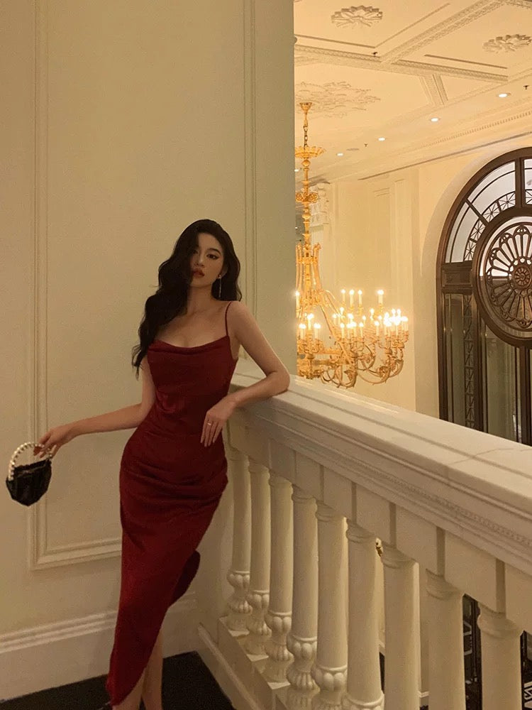 Classy Sheath Spaghetti Straps Red Slit Prom Dresses Birthday Outfits