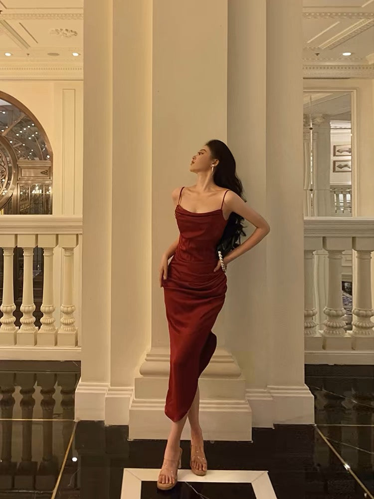 Classy Sheath Spaghetti Straps Red Slit Prom Dresses Birthday Outfits