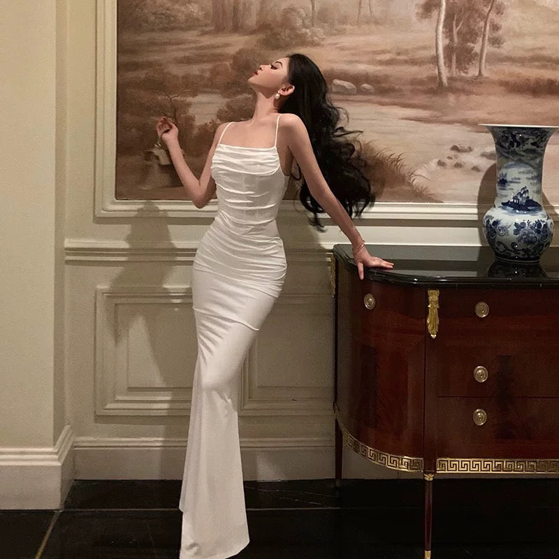 Classy Sheath Spaghetti Straps White Long Prom Dresses Birthday Outfits