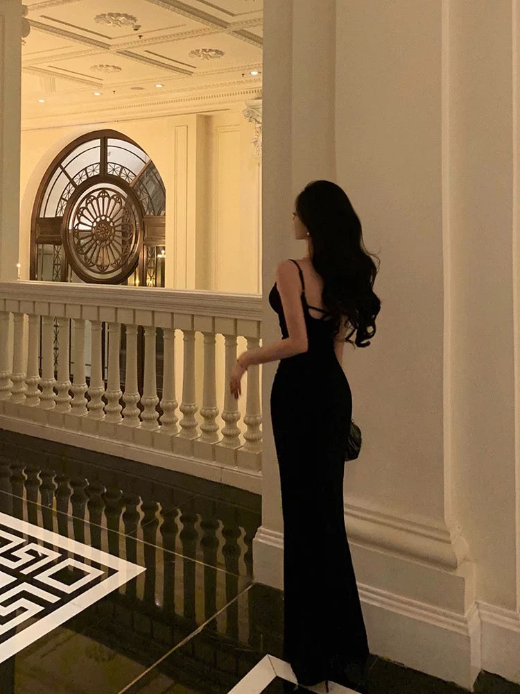 Classy Sheath Spaghetti Straps Black Long Prom Dresses Birthday Outfits