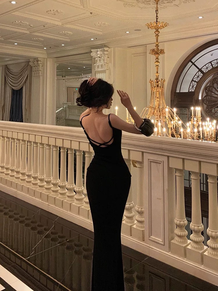 Classy Sheath Spaghetti Straps Black Long Prom Dresses Birthday Outfits