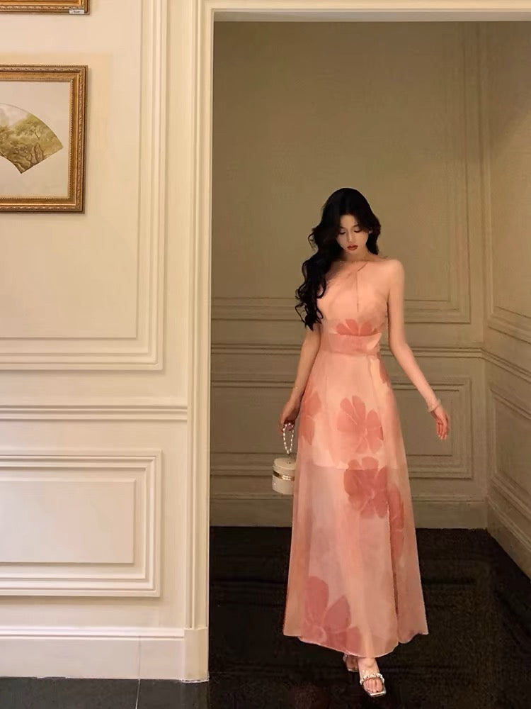 Stunning A line Halter Sleeveless Pink Floral Date Night Dress Prom Dresses Birthday Party Outfit