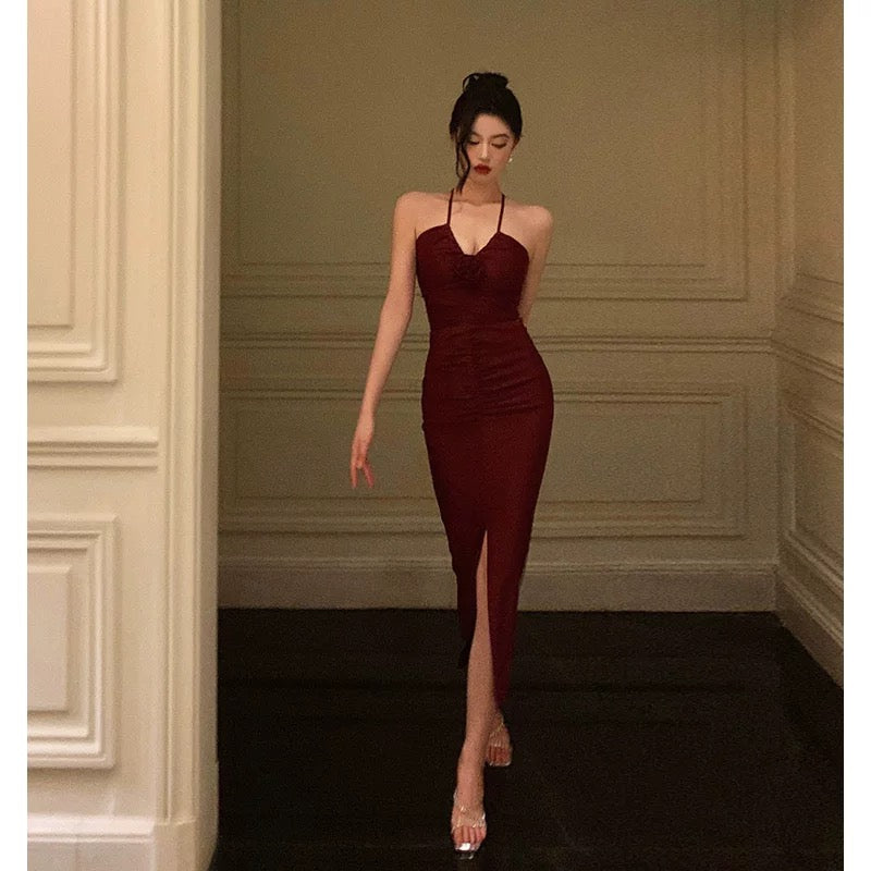 Stunning Sheath Halter Date Night Dress Prom Dresses Red Birthday Party Outfit