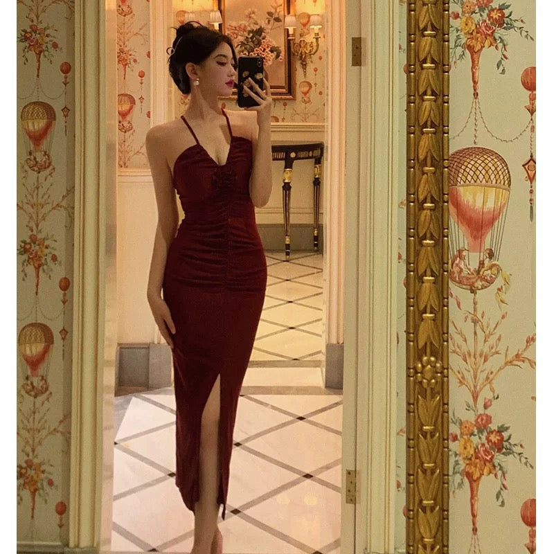 Stunning Sheath Halter Date Night Dress Prom Dresses Red Birthday Party Outfit