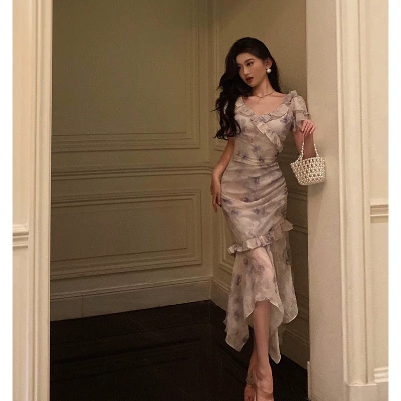 Stunning Mermaid V neckline Short Sleeves Date Night Dress Prom Dresses Floral Birthday Party Outfit