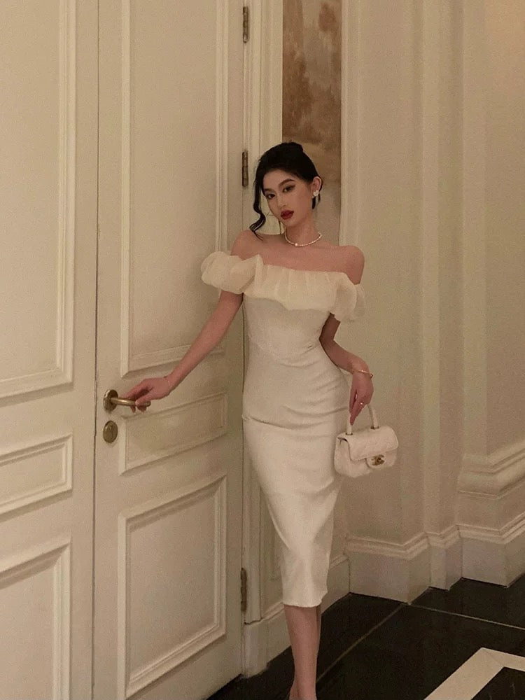 Classy Sheath Off The Shoulder White Prom Dresses Birthday Outfits