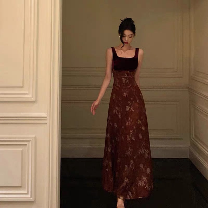Classy A Line Straps Burgundy Velvet Floral Prom Dresses Birthday Outfits Evening Gown