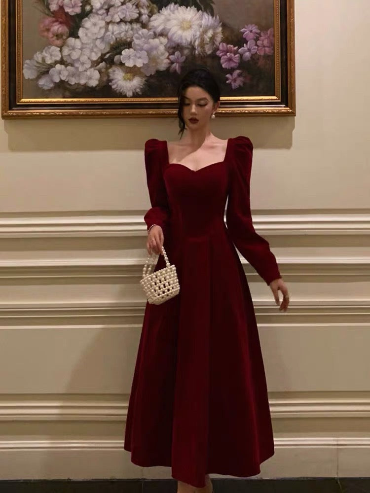 Stunning A line Square Neckline Long Sleeves Red Velvet Date Night Dress Prom Dresses Birthday Party Outfit