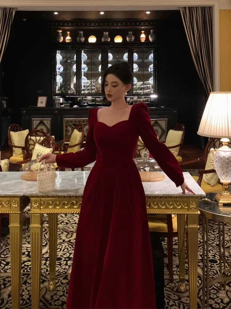 Stunning A line Square Neckline Long Sleeves Red Velvet Date Night Dress Prom Dresses Birthday Party Outfit