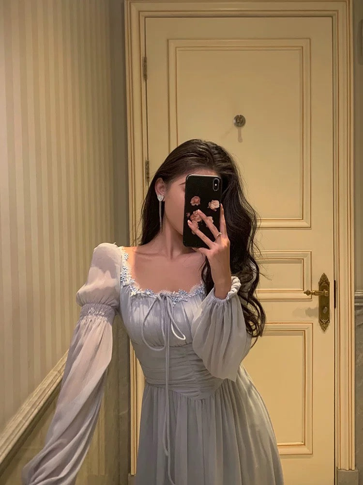 Stunning A line Square Neckline Long Sleeves Chiffon Blue Date Night Dress Prom Dresses Birthday Party Outfit