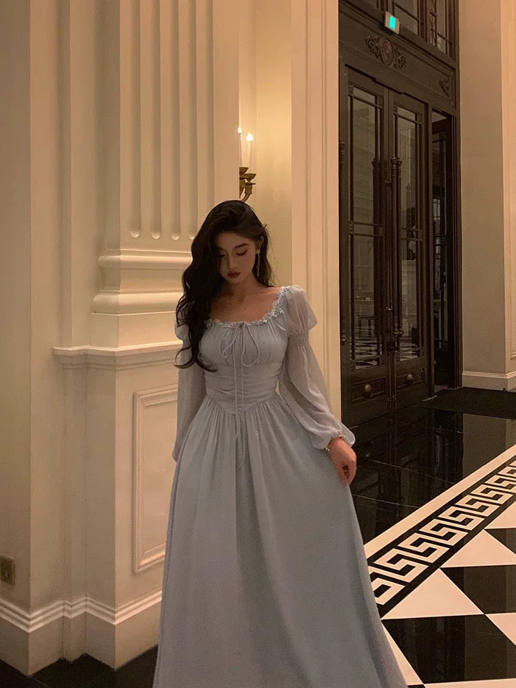 Stunning A line Square Neckline Long Sleeves Chiffon Blue Date Night Dress Prom Dresses Birthday Party Outfit