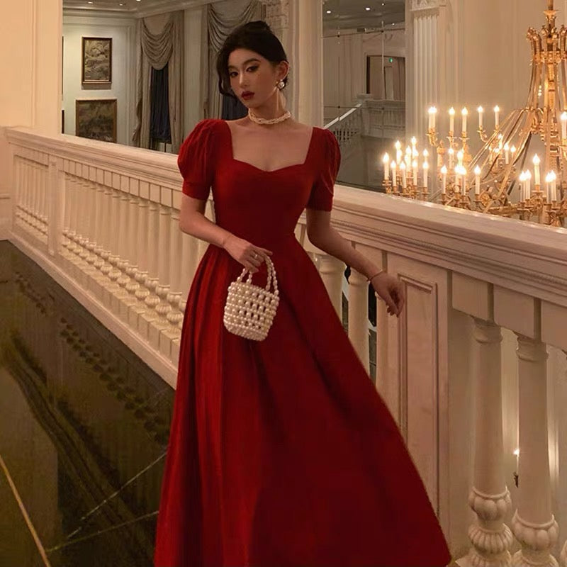 Pretty A Line Square Neckline Red Short Sleeves Date Night Dress Prom Dresses Birthday Party Outfit