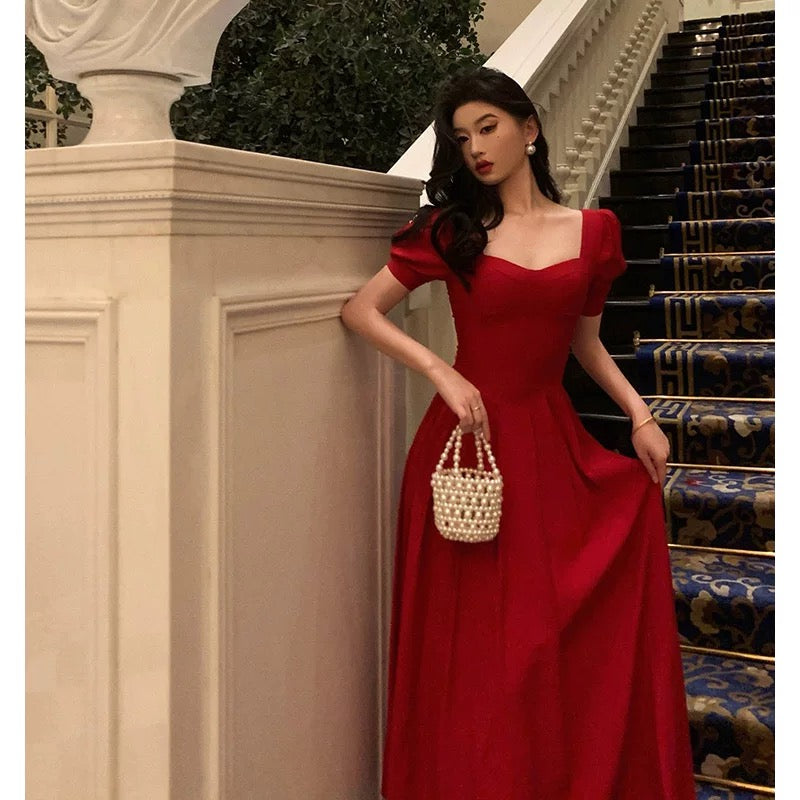 Pretty A Line Square Neckline Red Short Sleeves Date Night Dress Prom Dresses Birthday Party Outfit