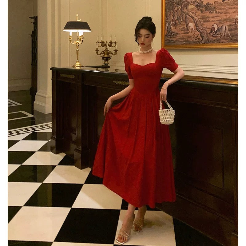 Pretty A Line Square Neckline Red Short Sleeves Date Night Dress Prom Dresses Birthday Party Outfit