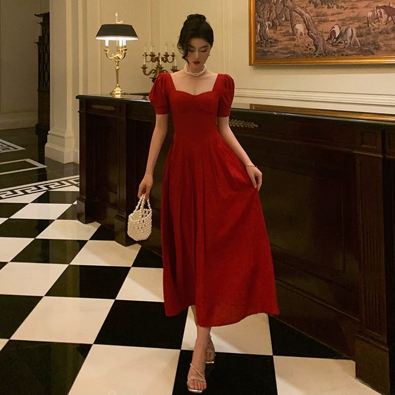 Pretty A Line Square Neckline Red Short Sleeves Date Night Dress Prom Dresses Birthday Party Outfit