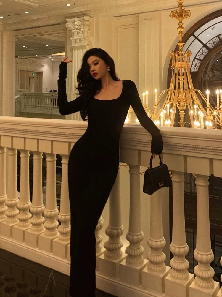 Pretty Sheath Square Neckline Long Sleeves Black Date Night Dress Prom Dresses Birthday Party Outfit