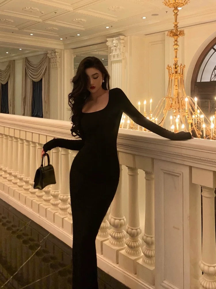 Pretty Sheath Square Neckline Long Sleeves Black Date Night Dress Prom Dresses Birthday Party Outfit