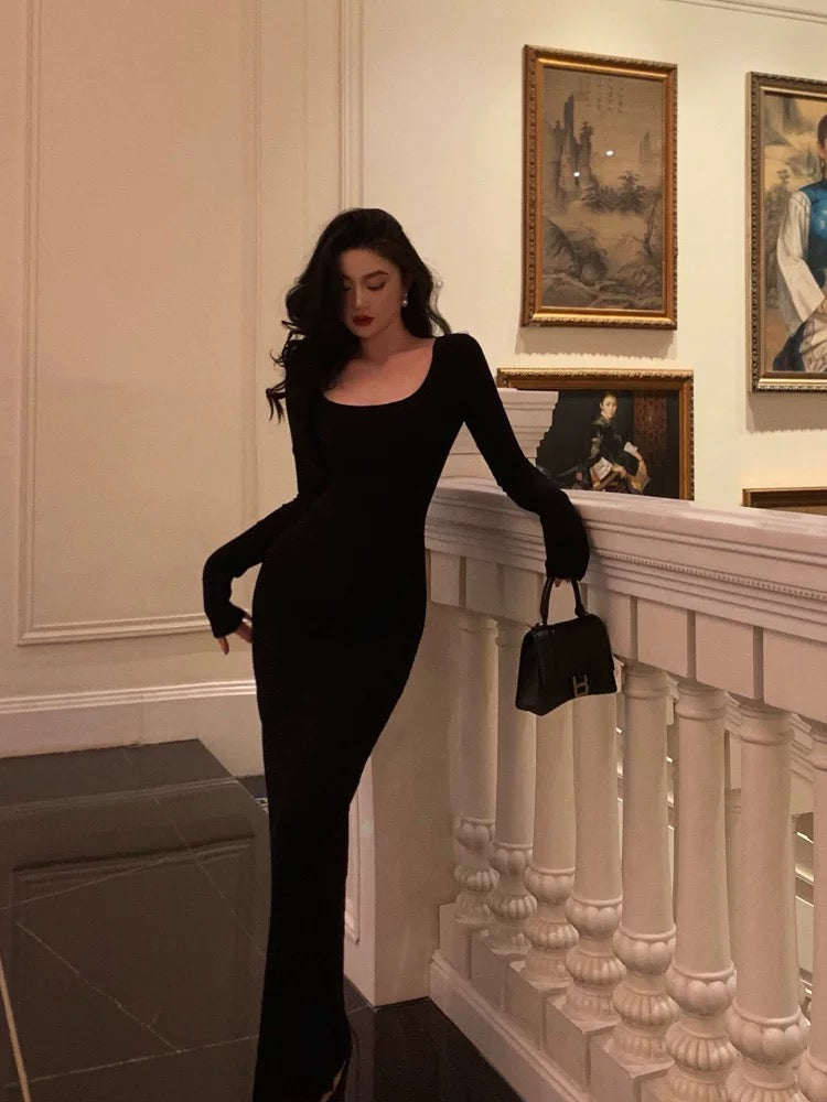 Pretty Sheath Square Neckline Long Sleeves Black Date Night Dress Prom Dresses Birthday Party Outfit