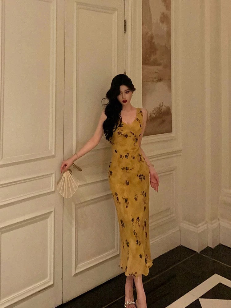 Pretty Sheath V Neckline Yellow Floral Date Night Dress Prom Dresses Birthday Party Outfit