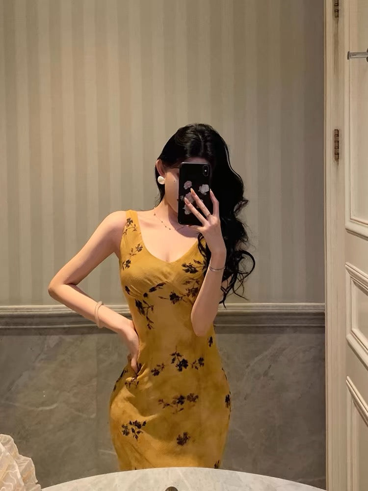 Pretty Sheath V Neckline Yellow Floral Date Night Dress Prom Dresses Birthday Party Outfit