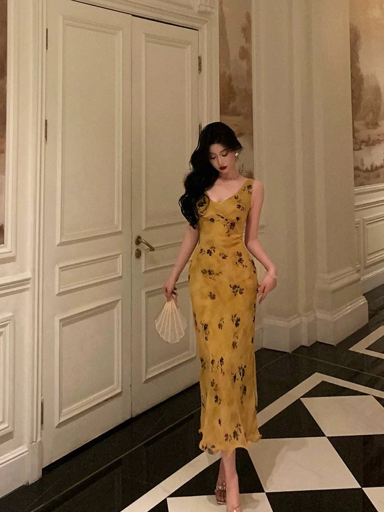 Pretty Sheath V Neckline Yellow Floral Date Night Dress Prom Dresses Birthday Party Outfit