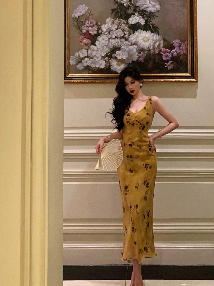 Pretty Sheath V Neckline Yellow Floral Date Night Dress Prom Dresses Birthday Party Outfit