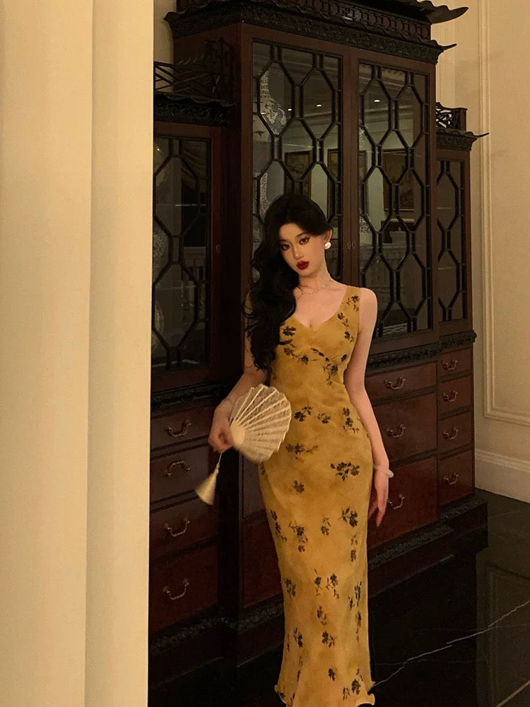 Pretty Sheath V Neckline Yellow Floral Date Night Dress Prom Dresses Birthday Party Outfit