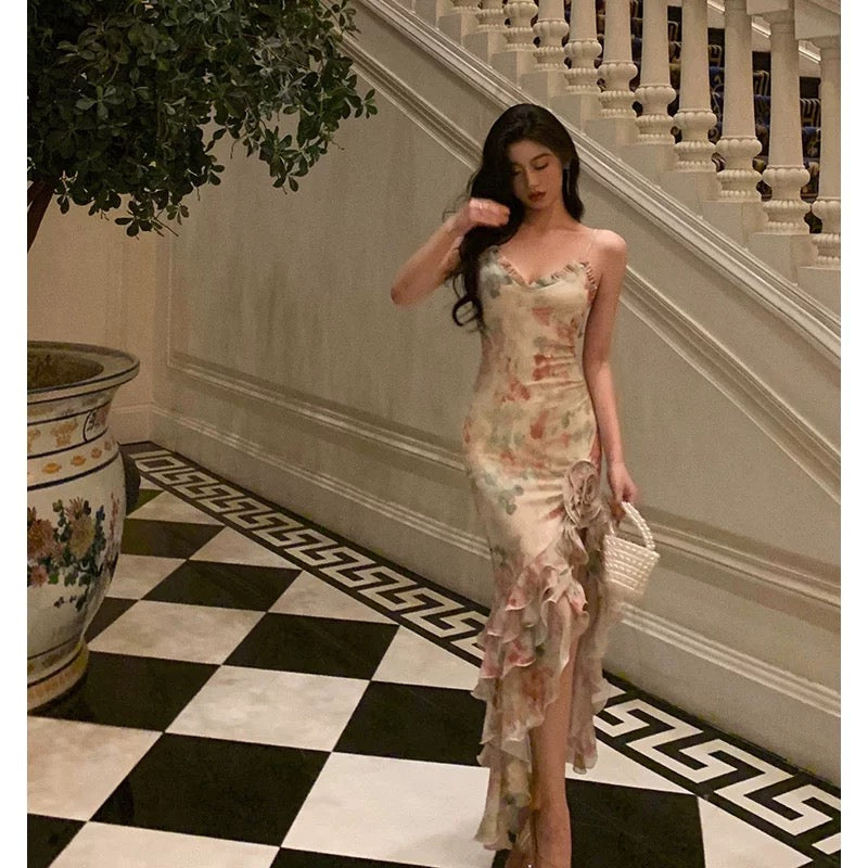 Pretty Mermaid Spaghetti Straps Pink Floral Date Night Dress Prom Dresses Birthday Party Outfit
