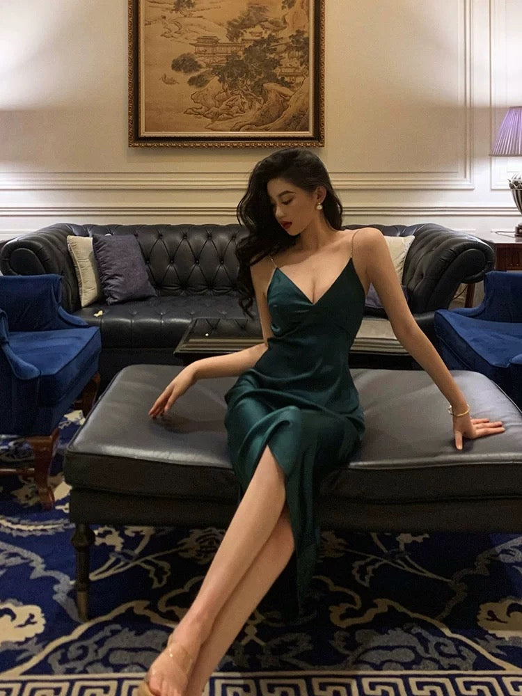 Classy Sheath Spaghetti Straps Dark Green Satin Prom Dresses Birthday Outfits Evening Gown