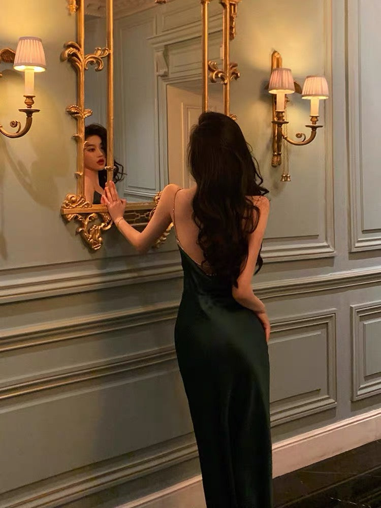 Classy Sheath Spaghetti Straps Dark Green Satin Prom Dresses Birthday Outfits Evening Gown