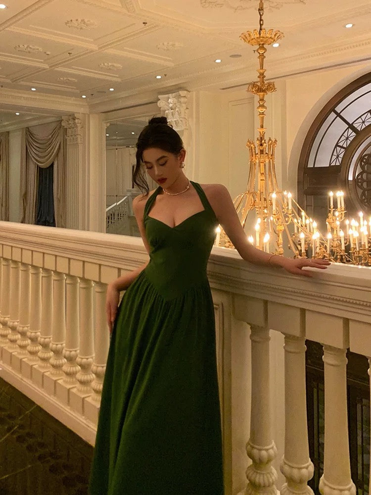 Classy A Line Halter Dark Green Prom Dresses Birthday Outfits Evening Gown