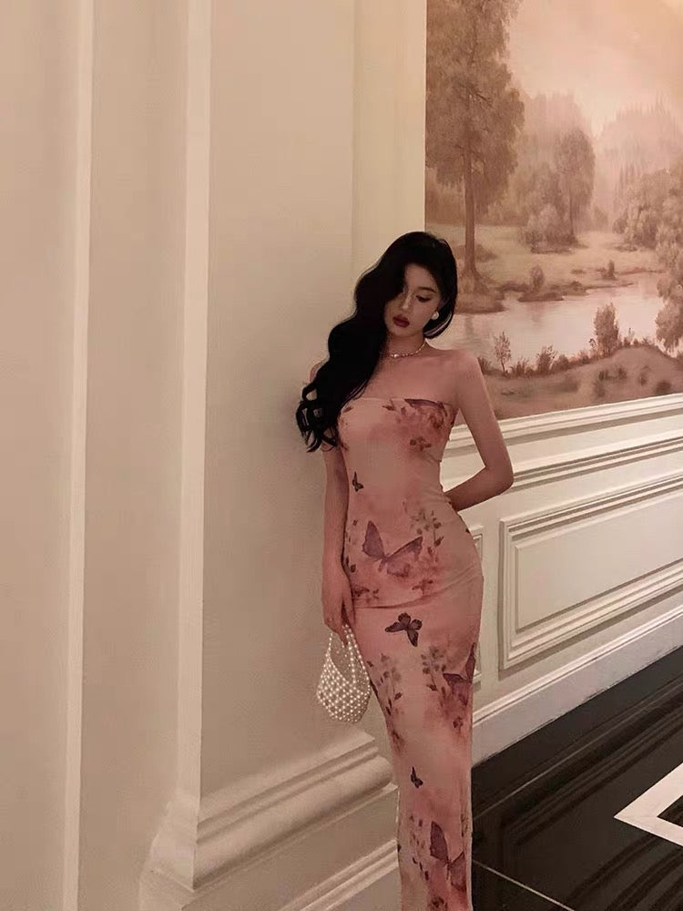 Pretty Sheath Strapless Pink Floral Date Night Dress Prom Dresses Birthday Party Outfit