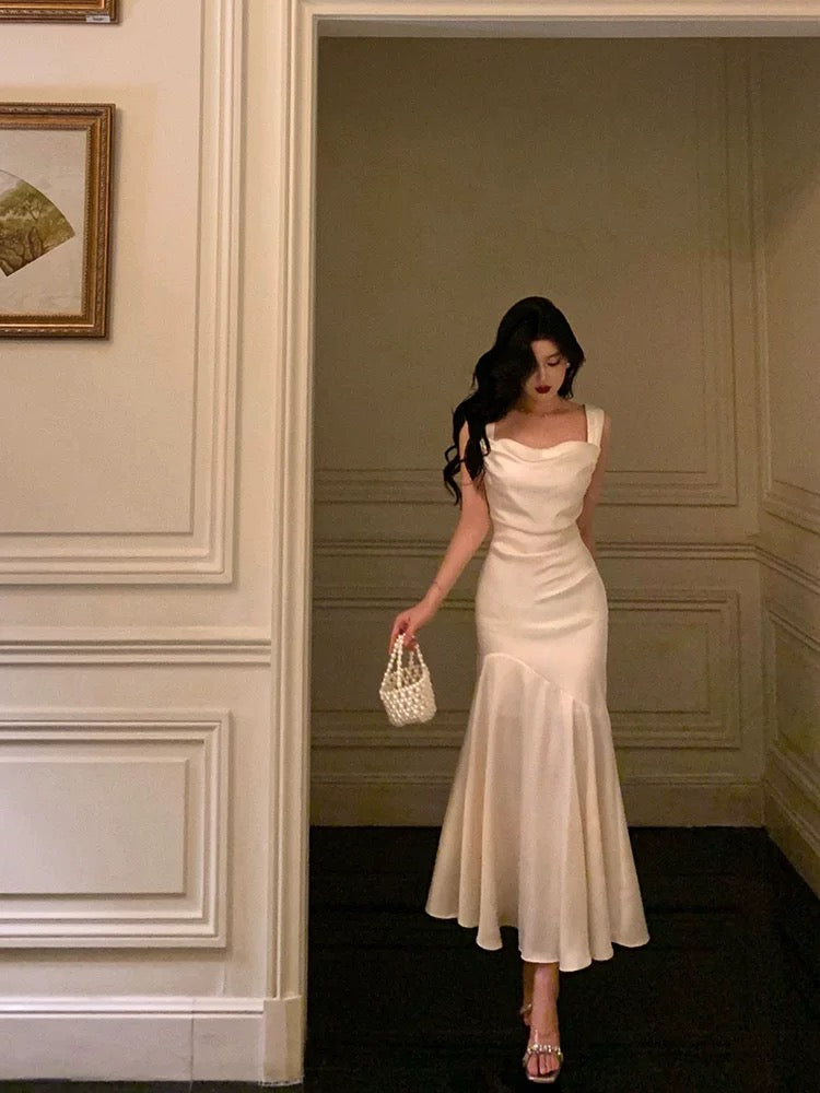 Pretty Mermaid Square Neckline White Date Night Dress Prom Dresses Birthday Party Outfit