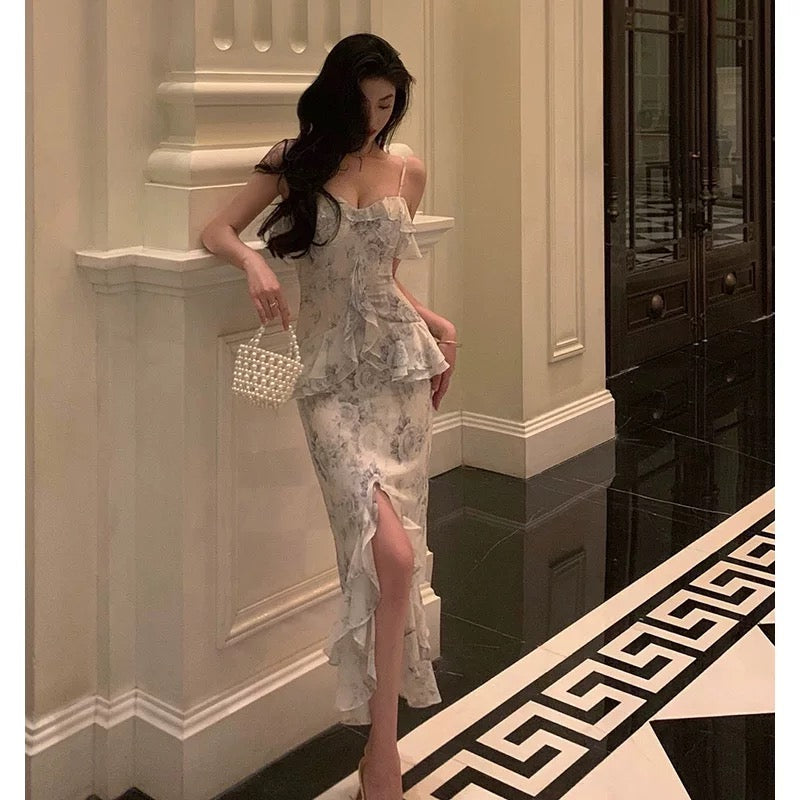 Classy Sheath Spaghetti Straps Chiffon Floral Prom Dresses Birthday Outfits Evening Gown