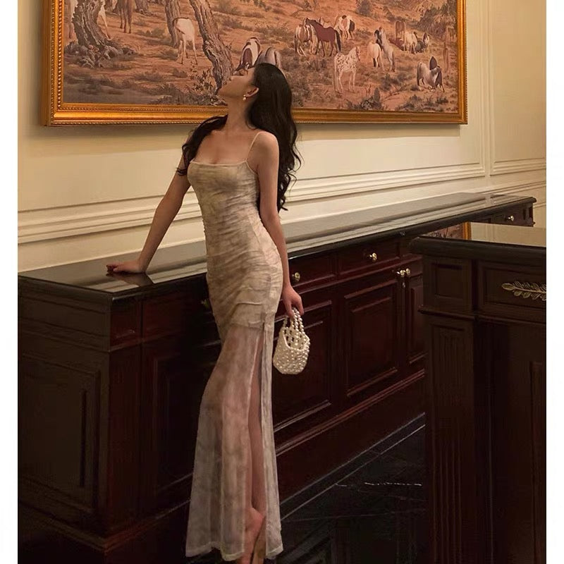 Classy Sheath Spaghetti Straps Floral Long Prom Dresses Birthday Outfits Evening Gown