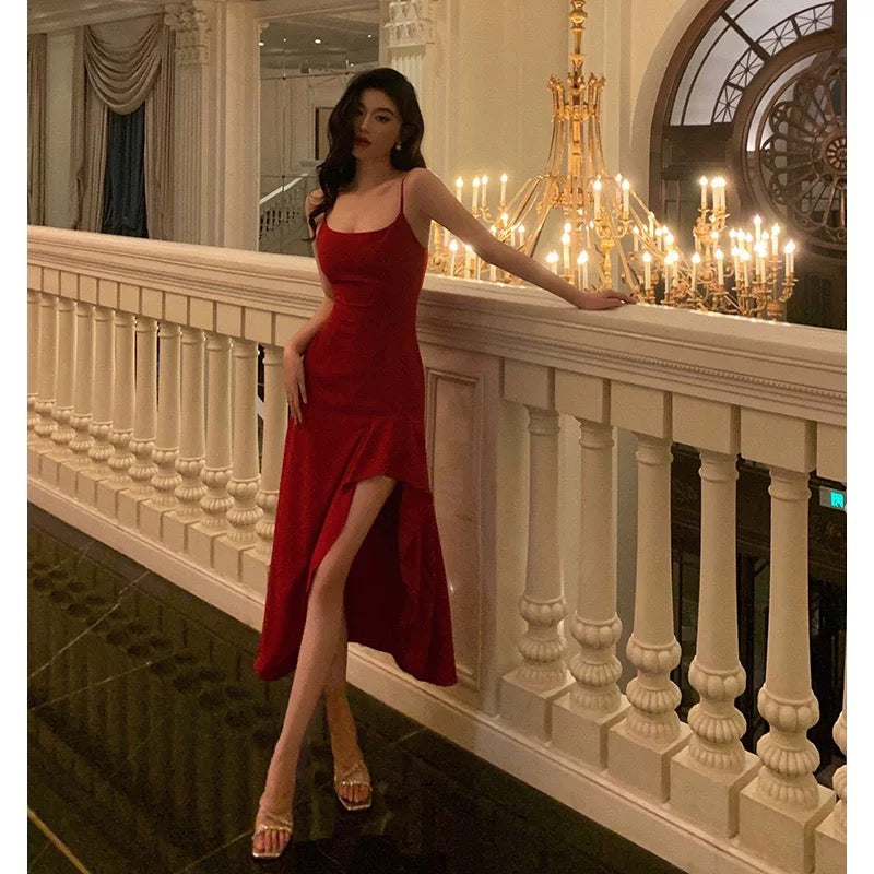 Simple High Low Spaghetti Straps Red Prom Dresses Birthday Outfits Evening Gown