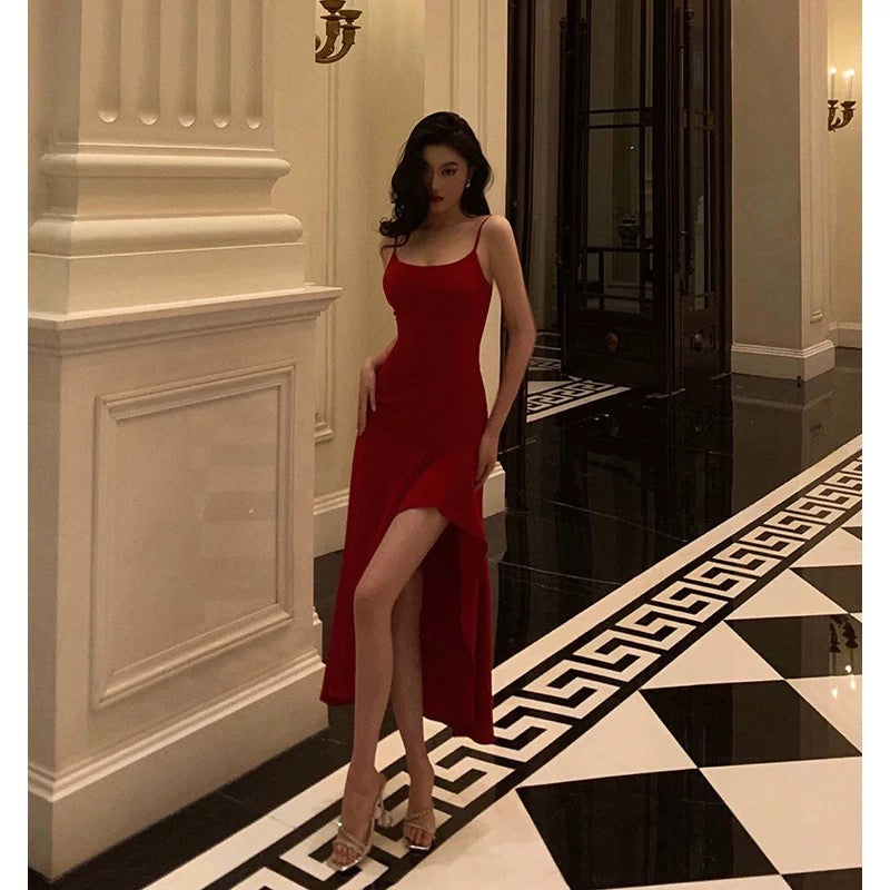 Simple High Low Spaghetti Straps Red Prom Dresses Birthday Outfits Evening Gown