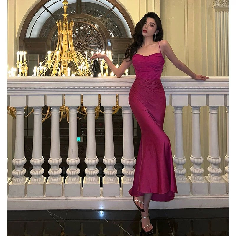 Sexy Sheath Spaghetti Straps Hot Pink Satin Prom Dresses Birthday Outfits Evening Gown