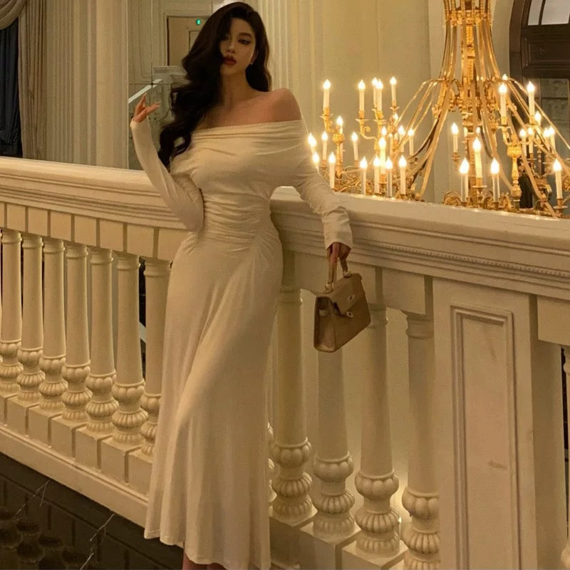 Simple Sheath Off The Shoulder Long Sleeves Ivory Prom Dresses Birthday Outfits Evening Gown