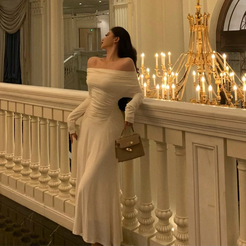 Simple Sheath Off The Shoulder Long Sleeves Ivory Prom Dresses Birthday Outfits Evening Gown