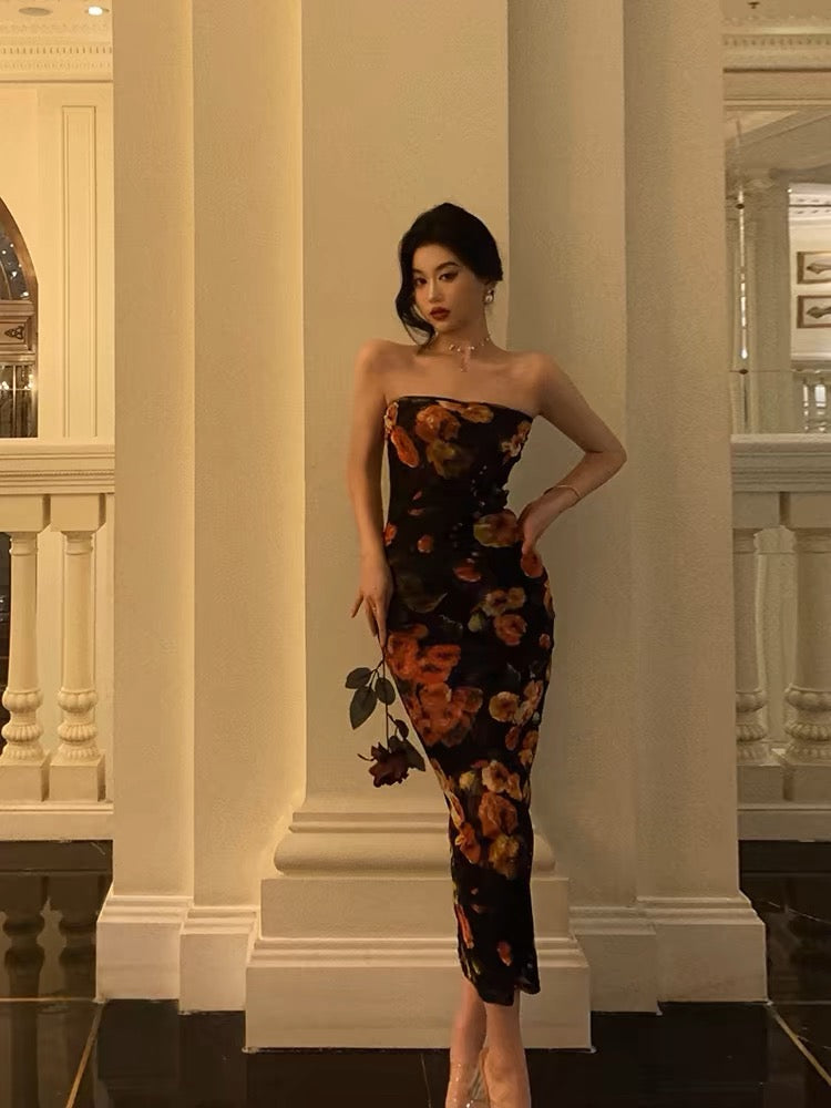 Sexy Sheath Strapless Black Floral Prom Dresses Birthday Outfits Evening Gown
