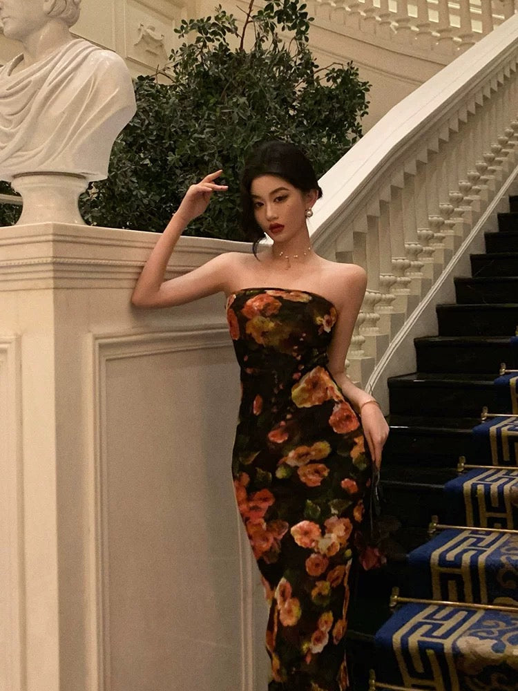 Sexy Sheath Strapless Black Floral Prom Dresses Birthday Outfits Evening Gown
