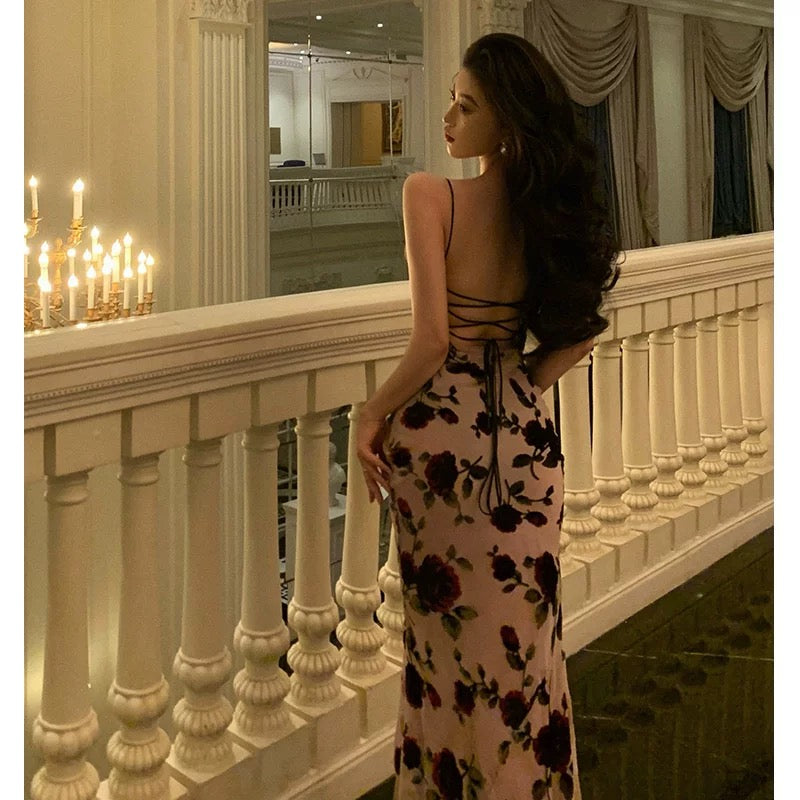 Classy Sheath Spaghetti Straps Floral Backless Prom Dresses Birthday Outfits Party Dress