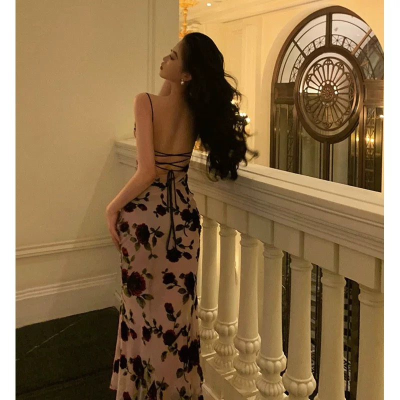 Classy Sheath Spaghetti Straps Floral Backless Prom Dresses Birthday Outfits Party Dress