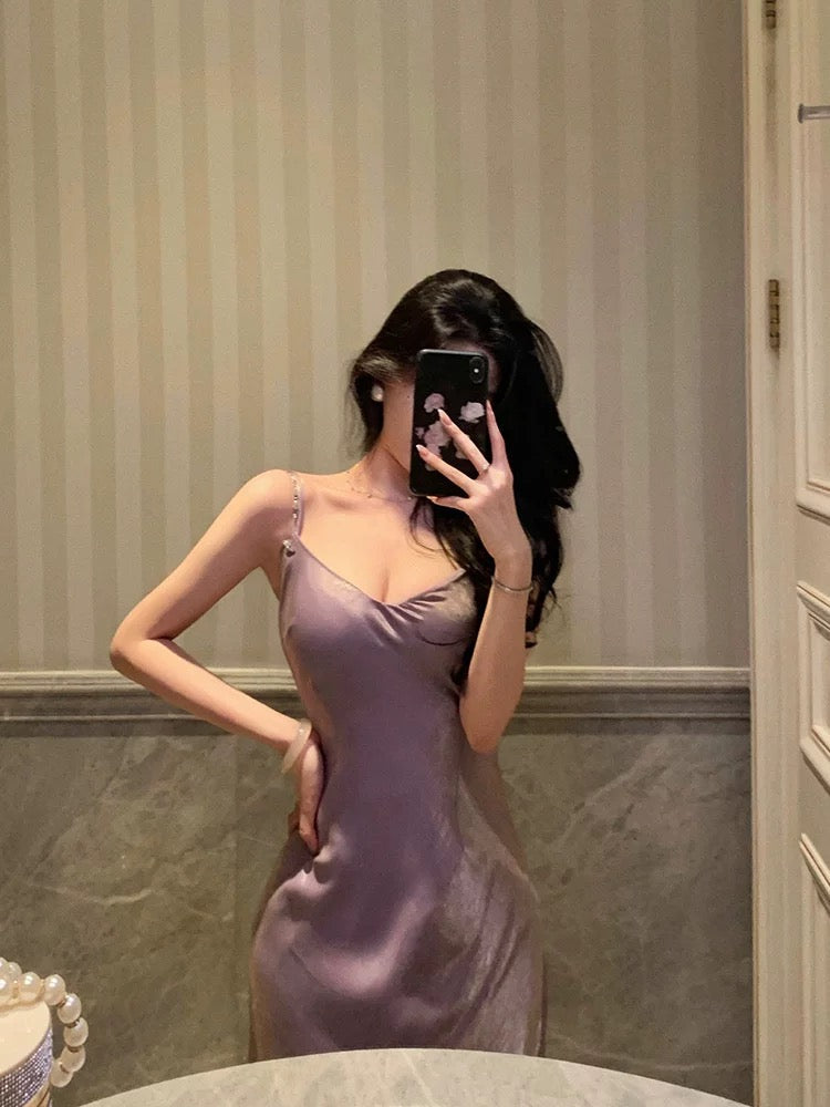 Elegant Sheath Spaghetti Straps Lilac Long Satin Prom Dresses Birthday Outfits Evening Gown