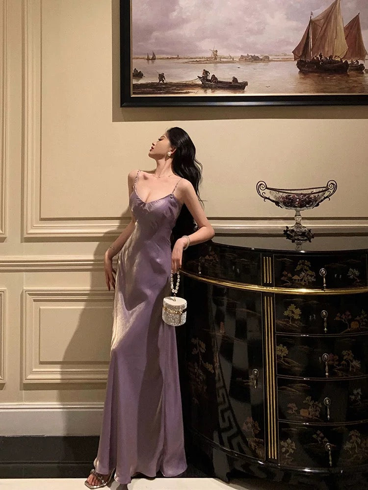 Elegant Sheath Spaghetti Straps Lilac Long Satin Prom Dresses Birthday Outfits Evening Gown
