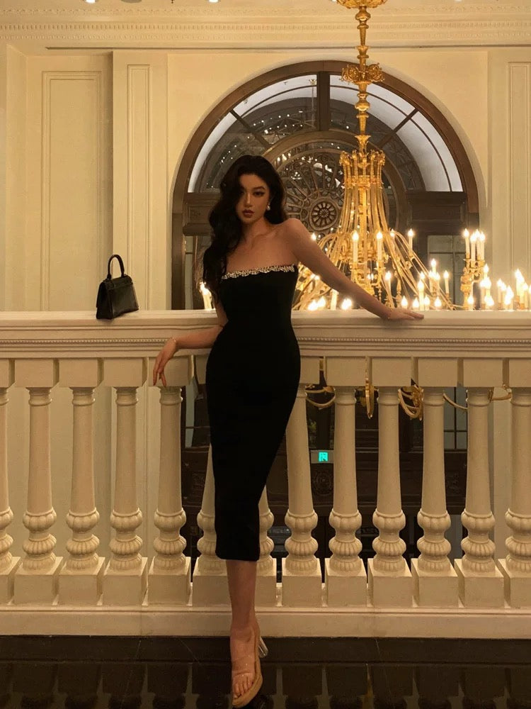 Elegant Sheath Strapless Black Prom Dresses Beads Birthday Outfits Evening Gown