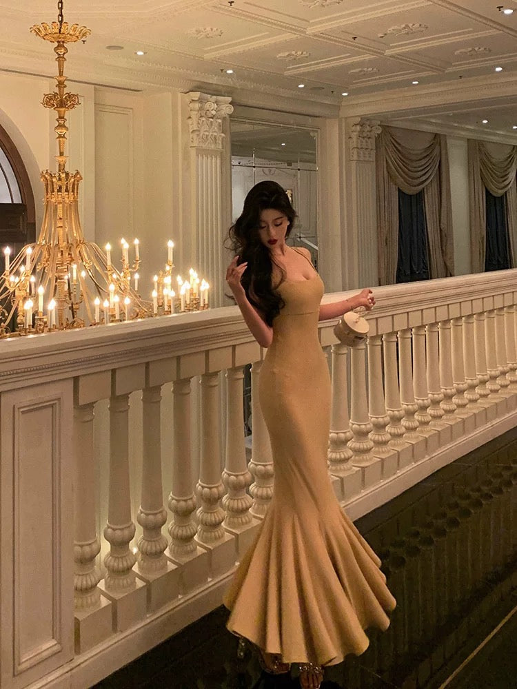 Elegant Mermaid Spaghetti Straps Yellow Long Prom Dresses Birthday Outfits Evening Gown