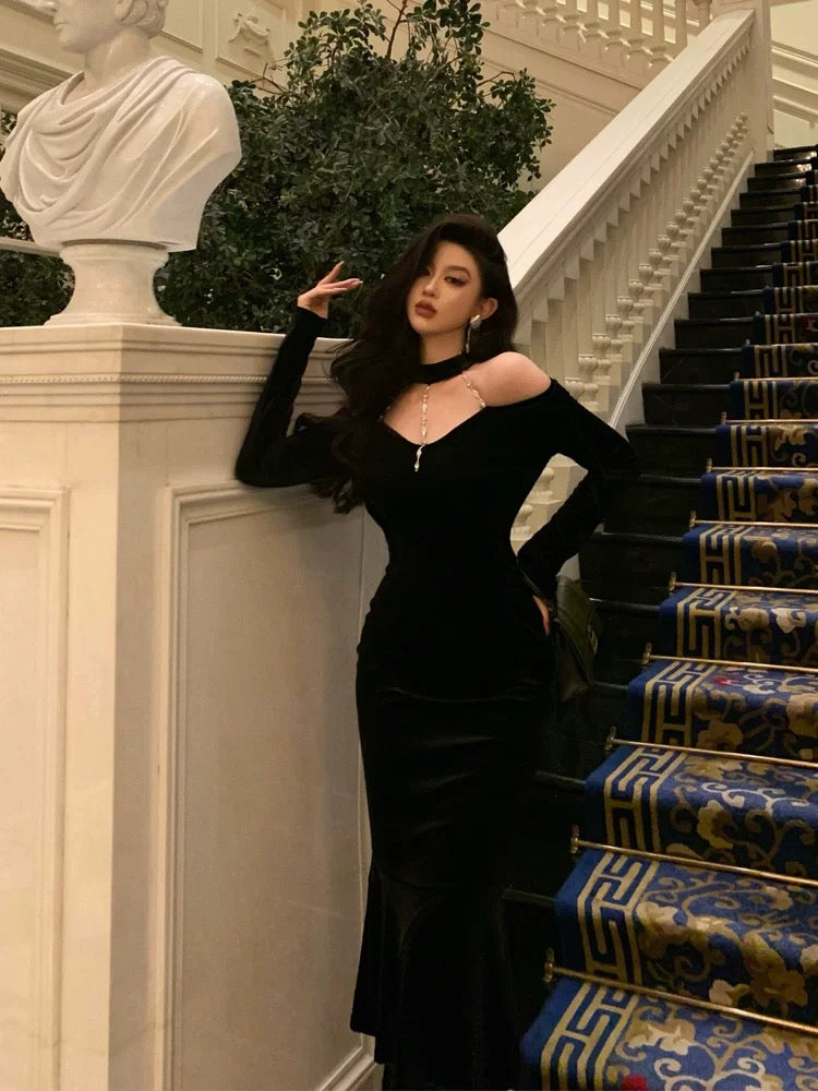 Elegant Mermaid High Neckline Black Velvet Prom Dresses Birthday Outfits Evening Gown