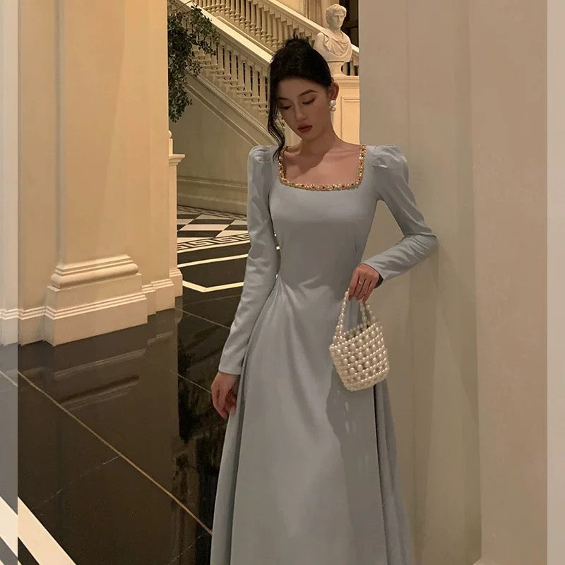 Sexy A Line Square Neckline Long Sleeves Prom Dresses Birthday Outfits Evening Gown